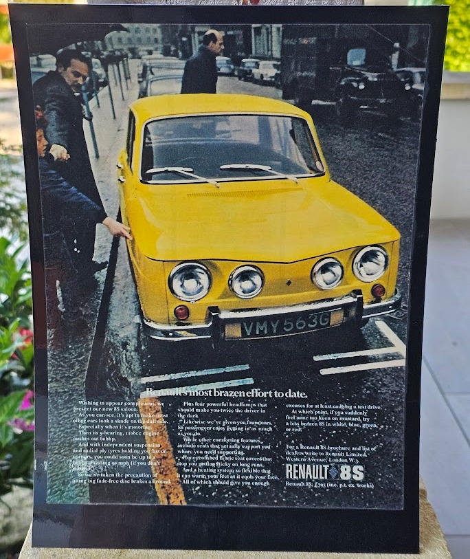 Renault's most brazen effort to date - the 8S, parked on a london street, laminated car advert by Michael Joseph