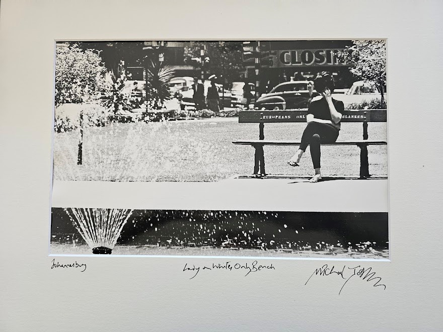 Johannesburg 1960s, lady sitting on whites only bench in a park near a fountain by Michael Joseph