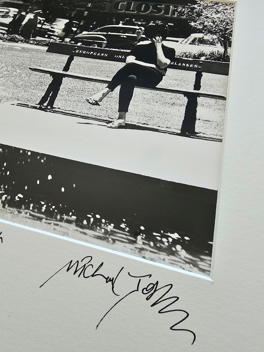 Johannesburg 1960s, lady sitting on whites only bench in a park near a fountain by Michael Joseph