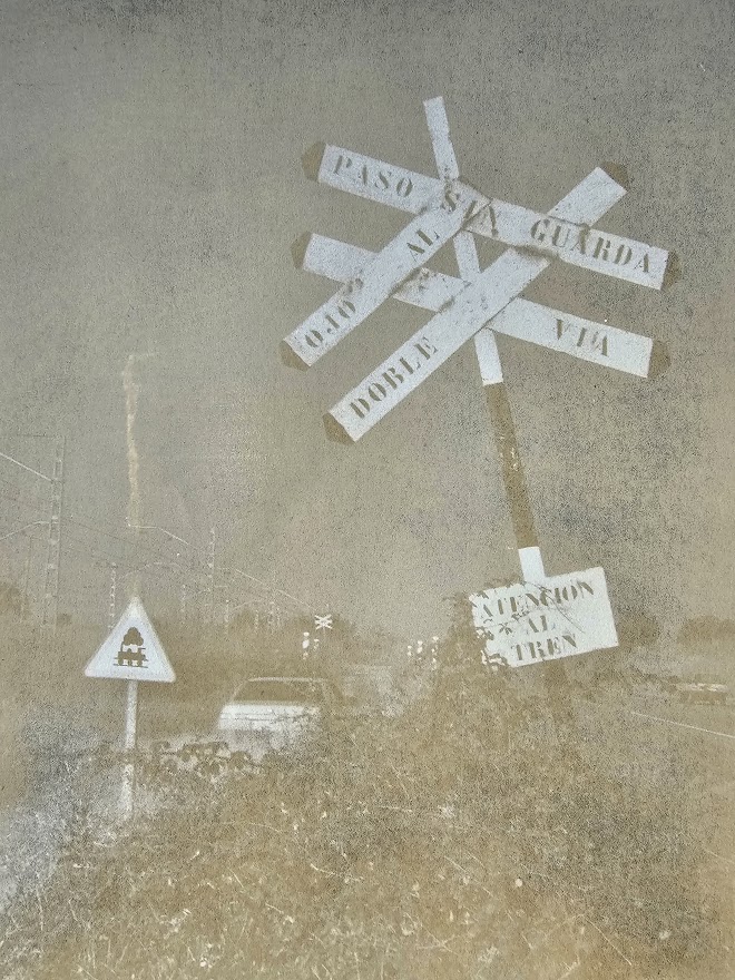 Railway siding artistic train signpost on the way to Figueras near Cadaques atention al tren artistic edition by Michael Joseph