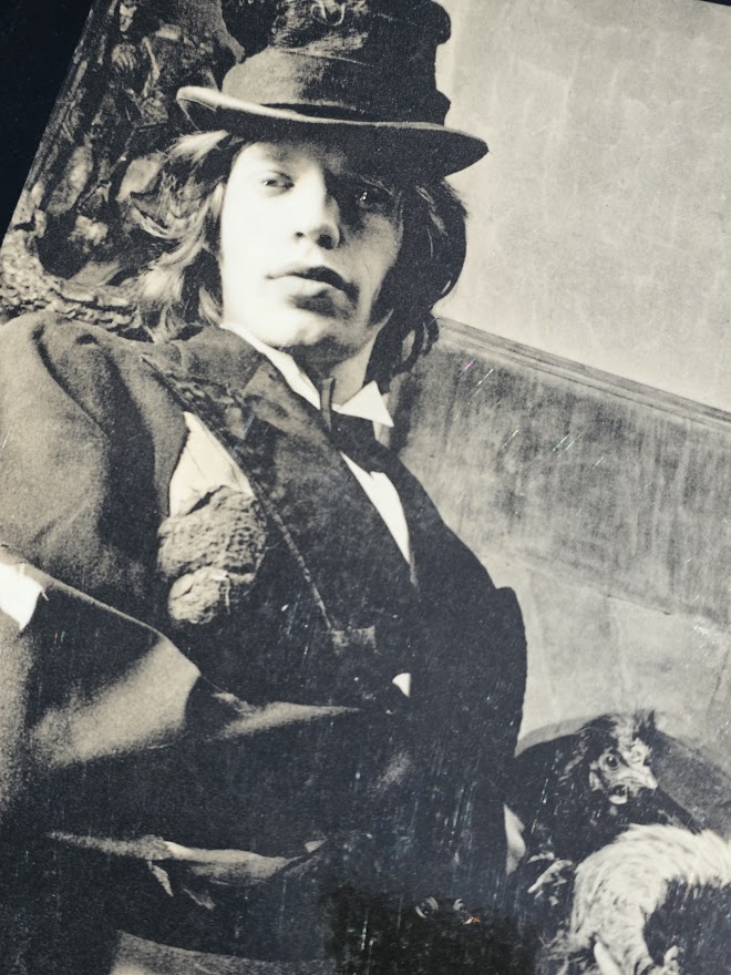 Portrait de Mick Jagger avec une poule sous son bras - tirage ayant été plastifié et signé par Michael Joseph