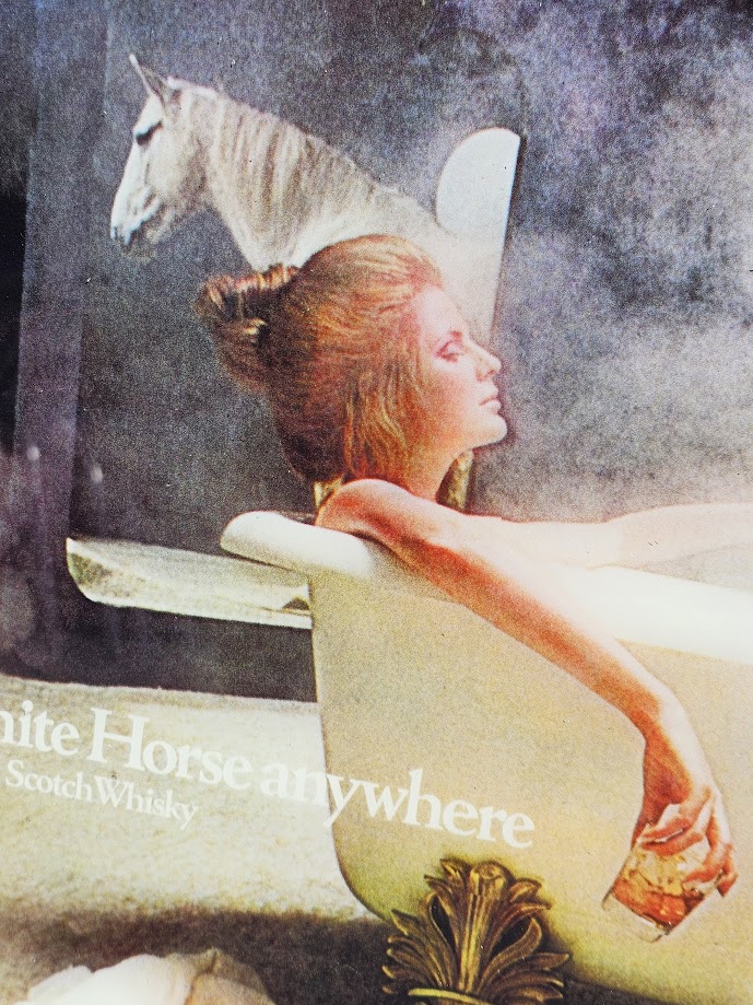 White Horse whisky you can take a white horse anywhere, advertisement from the seventies, girl in bath in colour by Michael Joseph