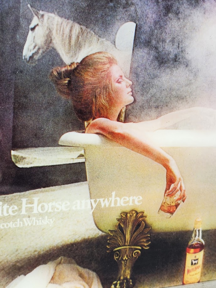 White Horse whisky you can take a white horse anywhere, advertisement from the seventies, girl in bath in colour by Michael Joseph