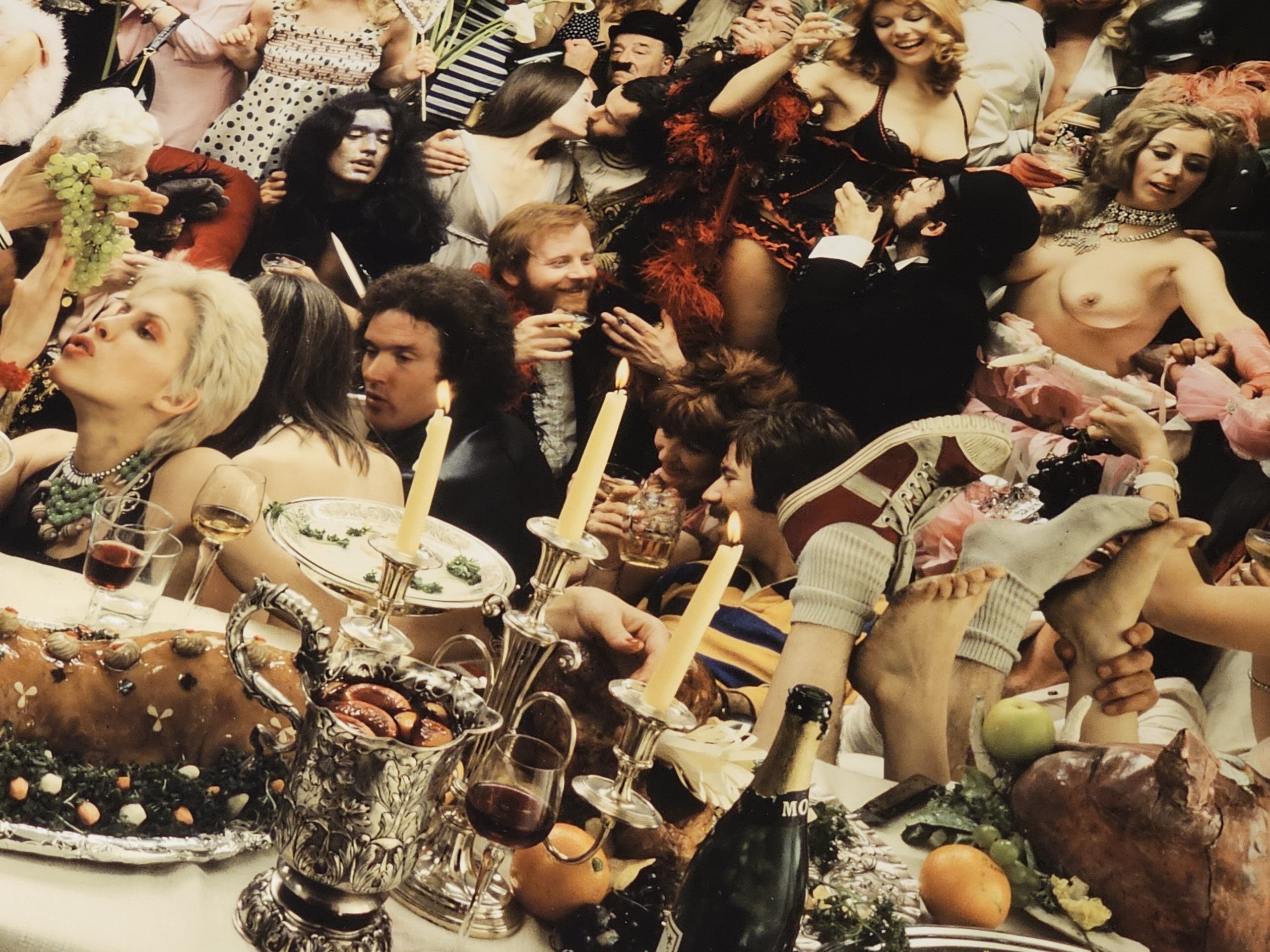 Fernet Branca orgie group shooting années 70, banquet insolite sixty people having a really great time, by Michael Joseph