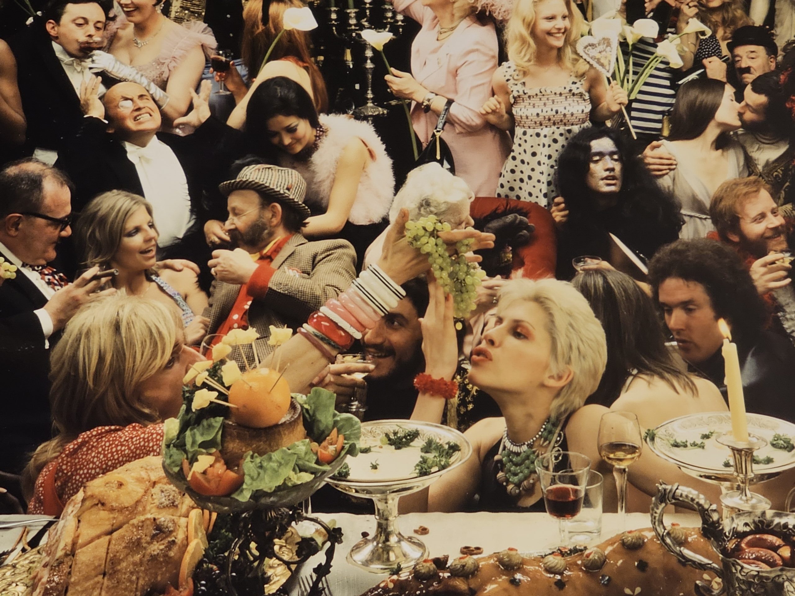 Fernet Branca orgie group shooting années 70, banquet insolite sixty people having a really great time, by Michael Joseph