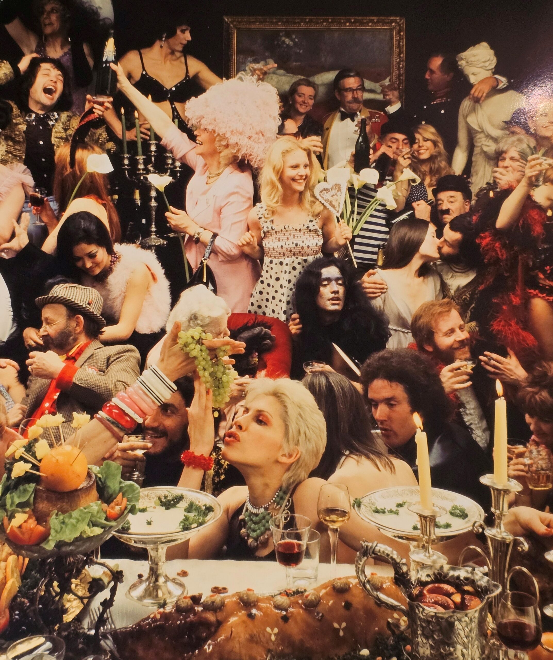 Fernet Branca orgie group shooting années 70, banquet insolite sixty people having a really great time, by Michael Joseph