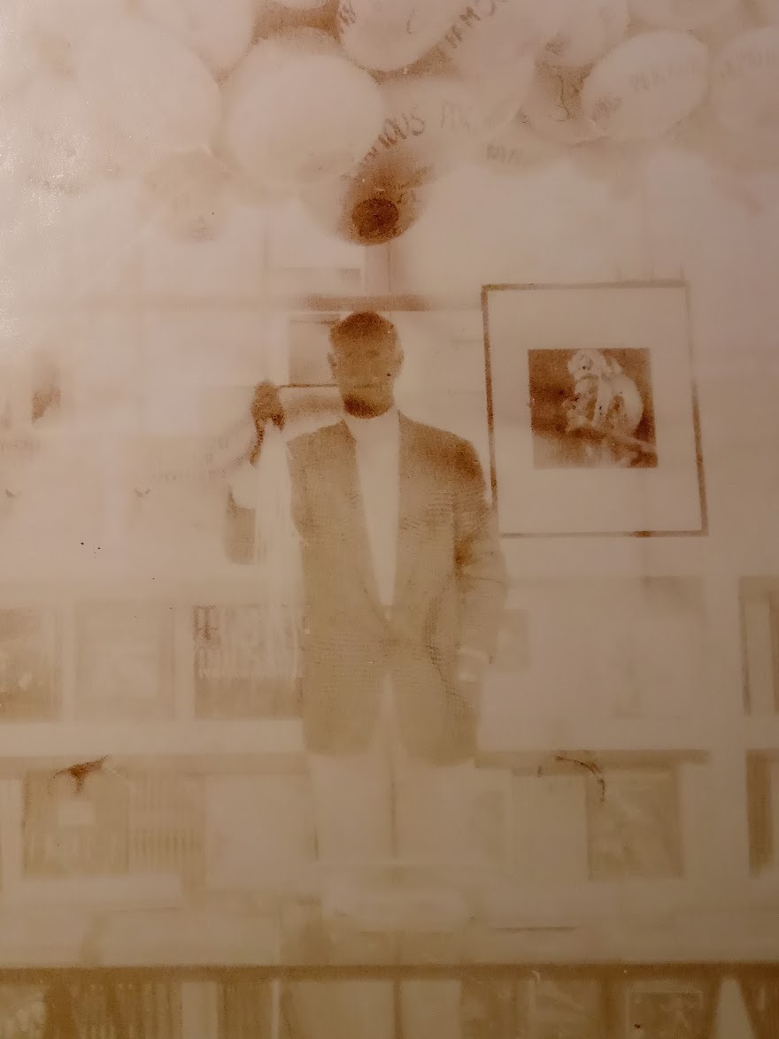 Norman Parkinson with Porkinson Sausages balloons before Hamilton's Gallery launch party, bleached artistic edition