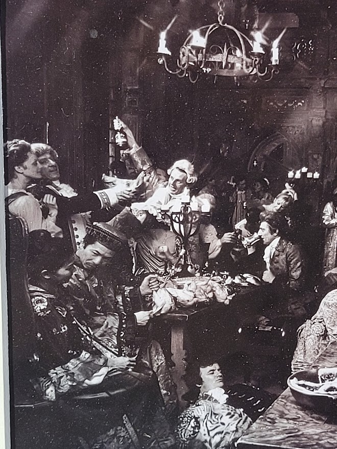 Lord Offley orgy, merrily drinking Port with his friends, black and white by Michael Joseph