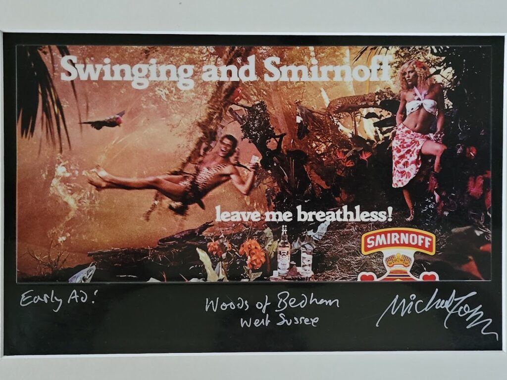 Publicité pour Smirnoff, Tarzan dans la jungle, avec Jane, perroquet et vodka, par Michael Joseph