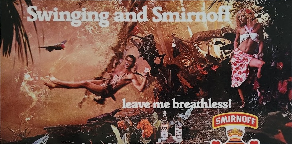 Publicité pour Smirnoff, Tarzan dans la jungle, avec Jane, perroquet et vodka, par Michael Joseph