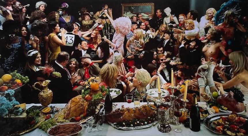 Fernet-Branca banquet orgie group photoshoot, unique Cibachrome print, people apparently having a really great time, by Michael Joseph
