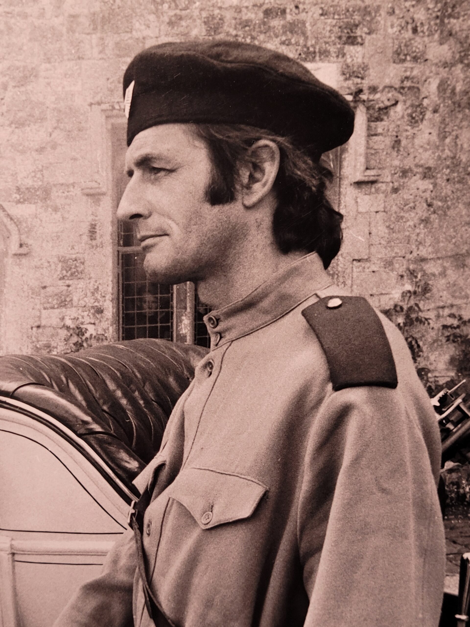 Fur to be fumbled in, advert from the sixties, sexy lady leaving car with army officer in front of château, by Michael Joseph