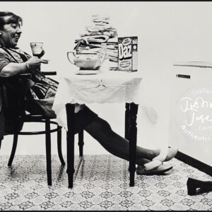 Stereotypical relaxed happy female tea-drinker with her Daz washing powder advert test print by Michael Joseph