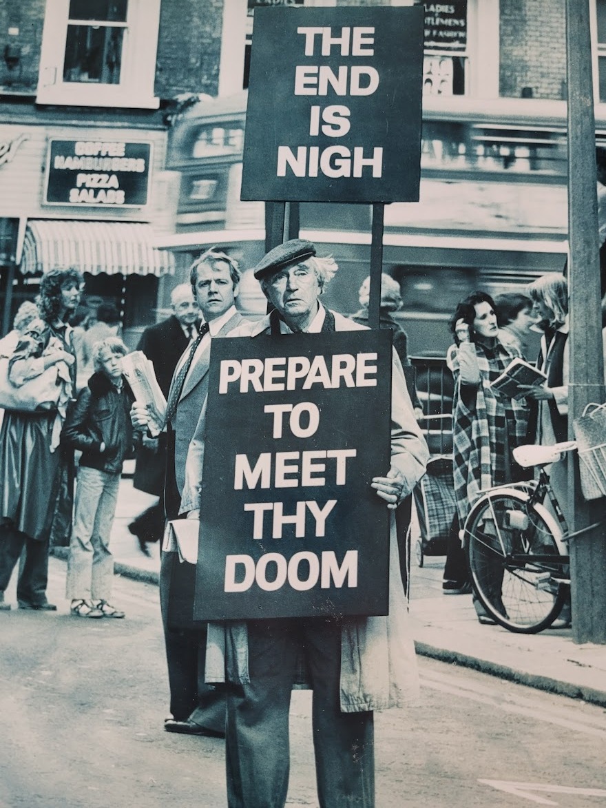 The end is nigh - prepare to meet thy doom, unusual sixties street scene by Michael Joseph
