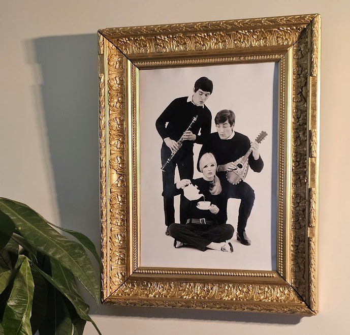 Join the Tea Set - trio in Black - monochrome with Gold Extravaganza, authentic darkroom print by Michael Joseph in an old gold-coloured wooden frame