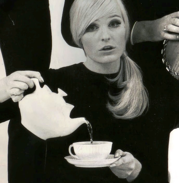 Join the Tea Set - trio in Black - monochrome with Gold Extravaganza, authentic darkroom print by Michael Joseph in an old gold-coloured wooden frame