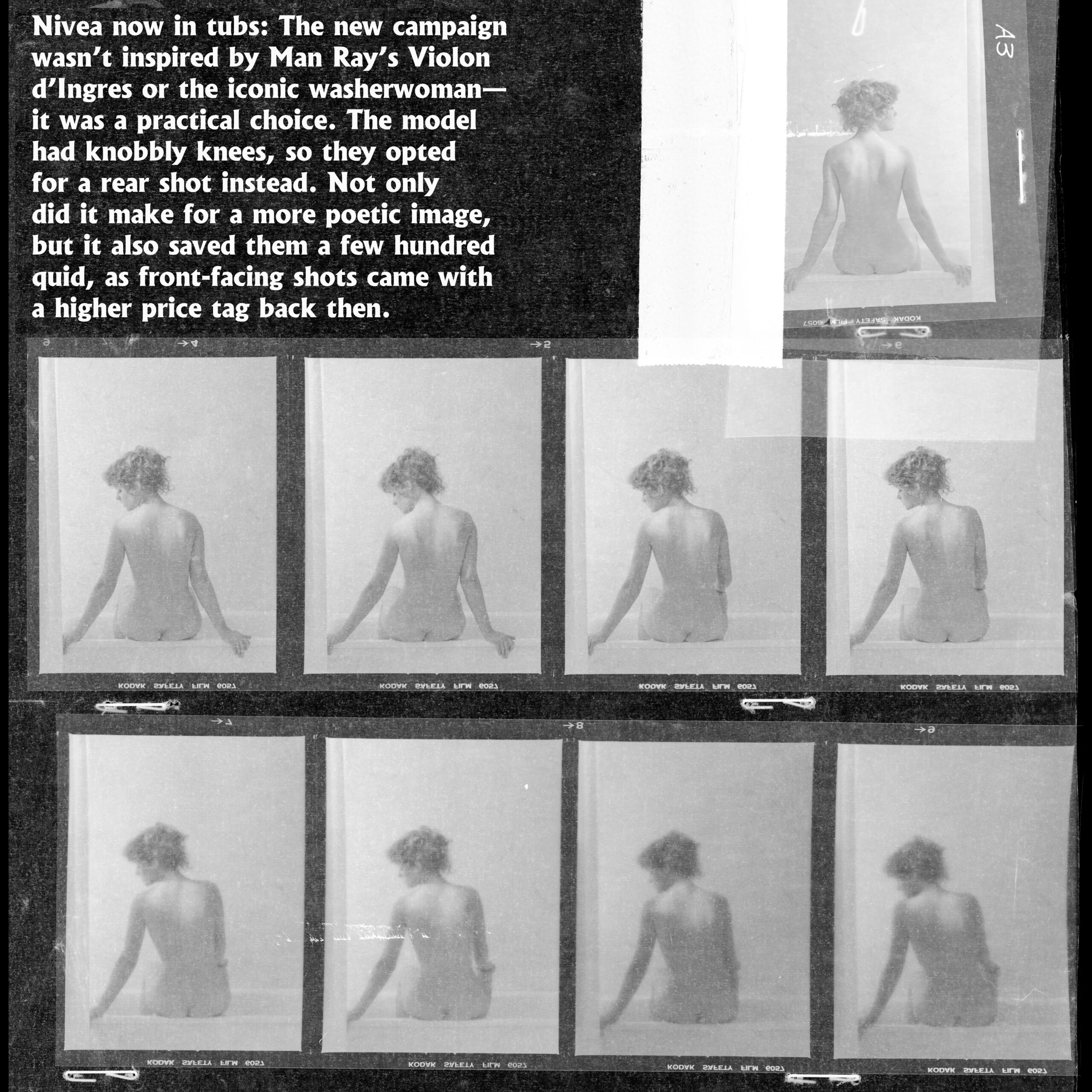 Nivea nue vue de dos, assise au bord d’une baignoire Tirage argentique Kodalith en ton bleu publicité pour la crème maintenant désormais en pot