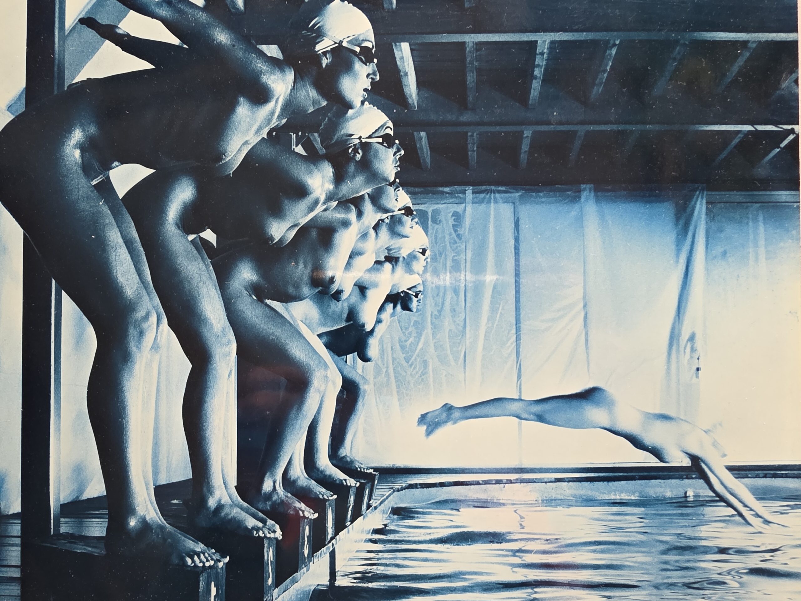 False Start, inverted blue edition, Pool Ladies Playboy US adult TV channel, False Start inverted blue-toned darkroom print by Michael Joseph