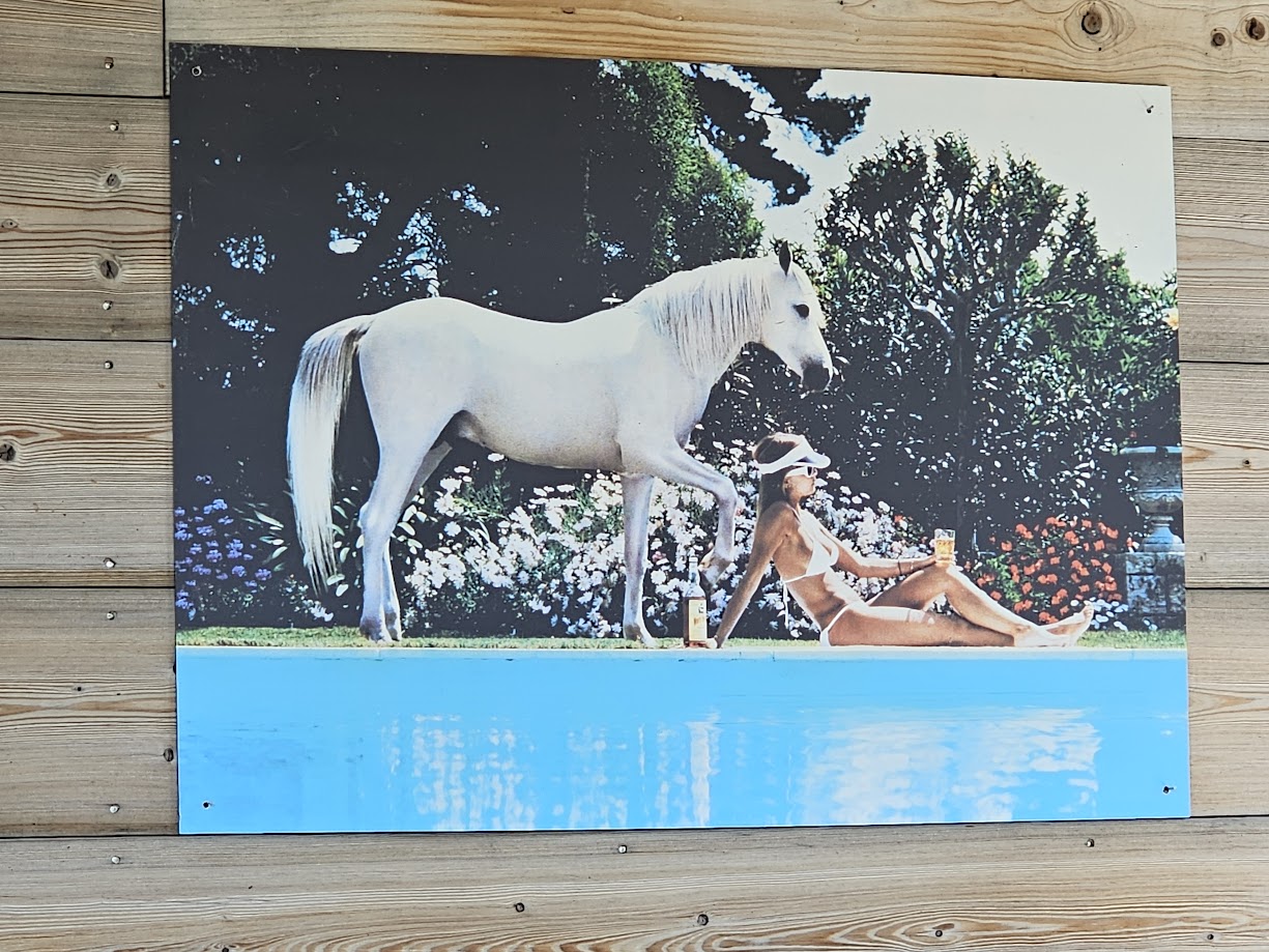 Fille au bord du bassin avec cheval blanc présent, publicité Whisky White Horse, des années soixante-dix par Michael Joseph