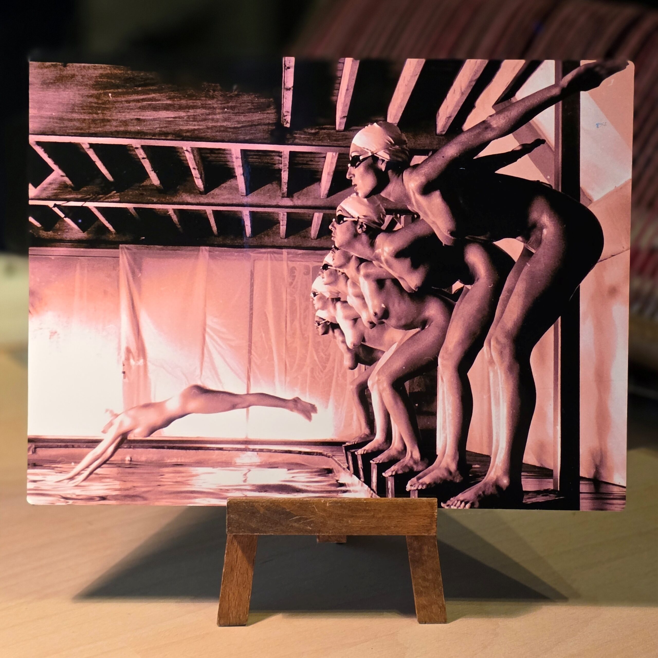 False start, gloss finish, pinkey-red print on aluminium, photo by Michael Joseph