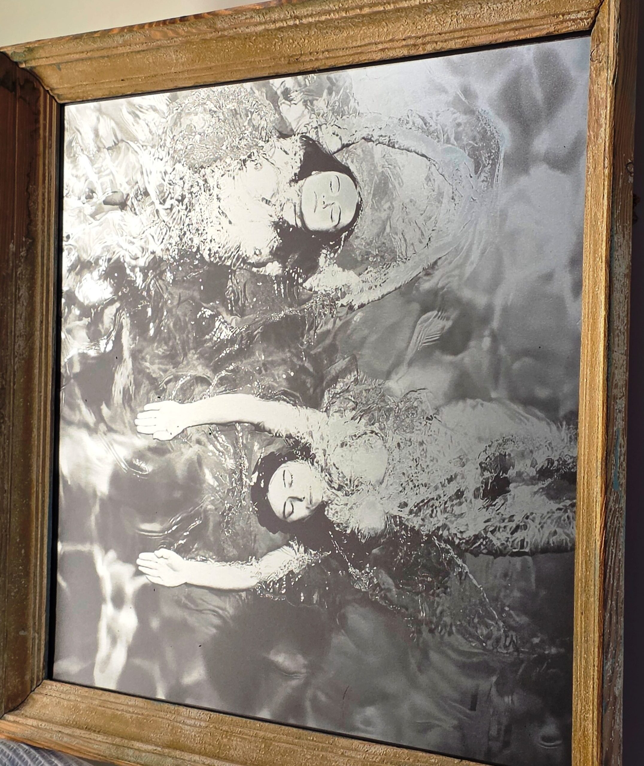 Solo swimmer, pool ladies photoshoot, on aluminium, in upcycled wooden frame