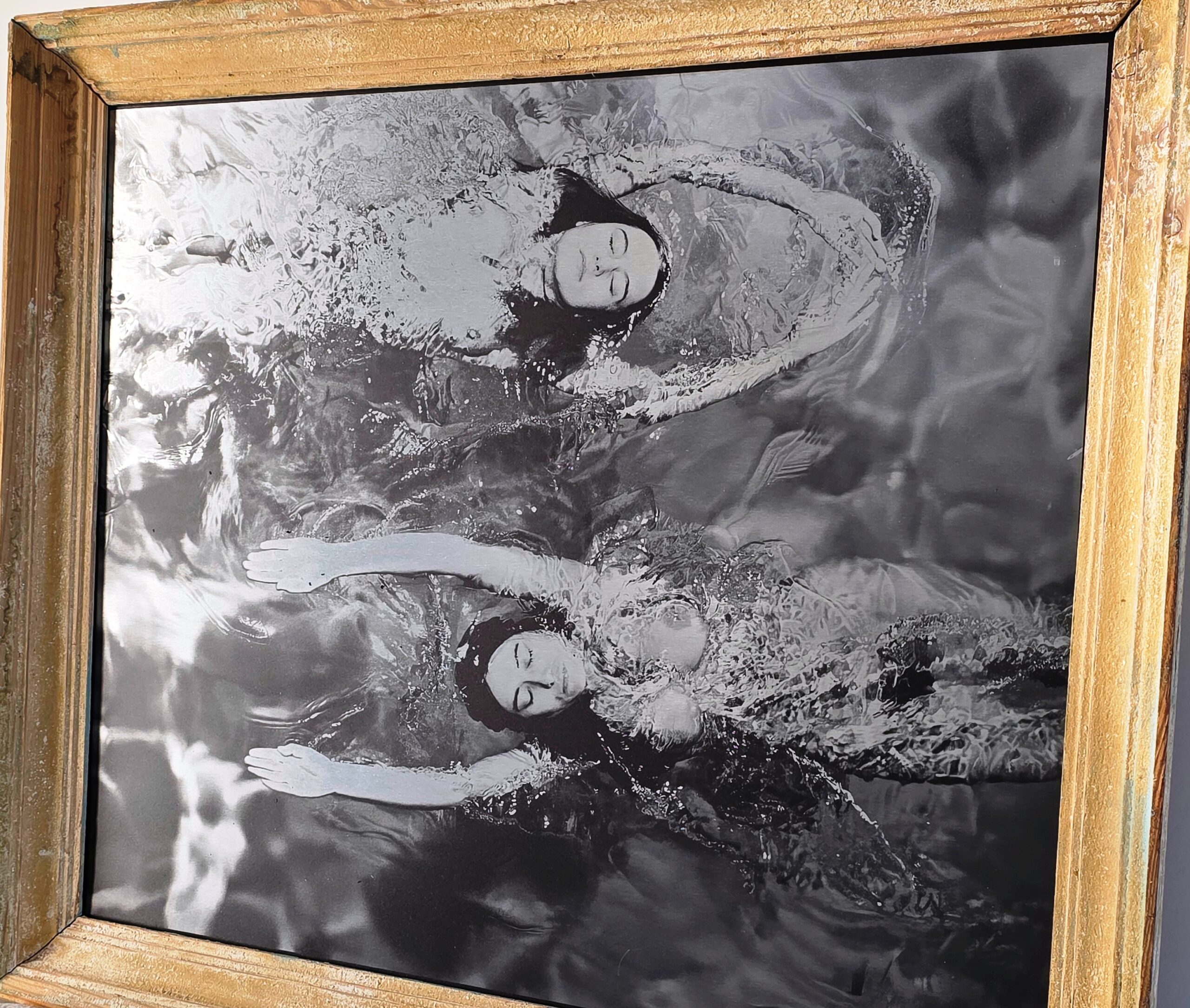 Solo swimmer, pool ladies photoshoot, on aluminium, in upcycled wooden frame