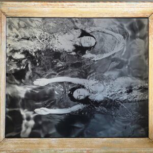 Solo swimmer, pool ladies photoshoot, on aluminium, in upcycled wooden frame