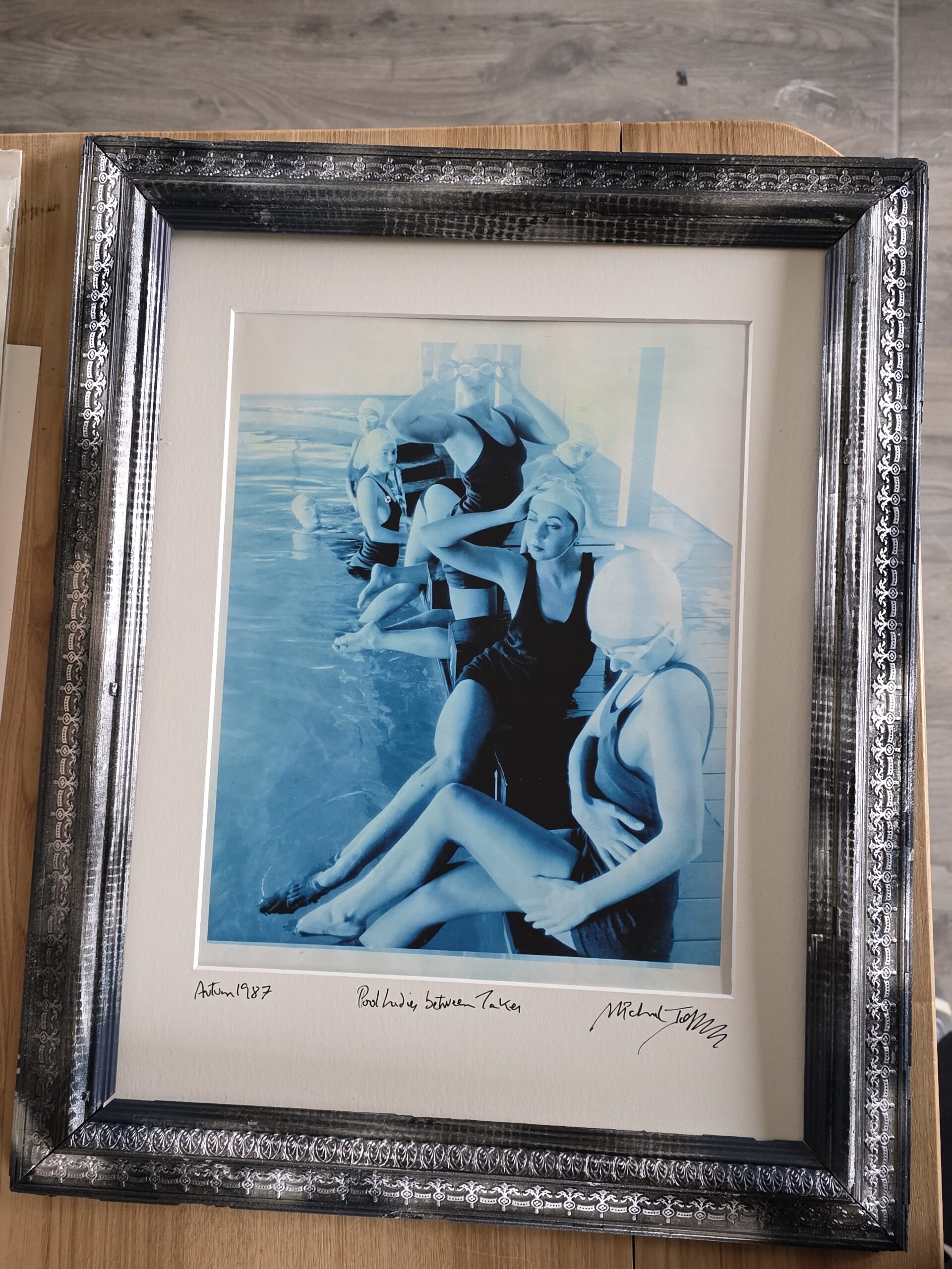 Between takes - pool ladies photo-shoot - framed darkroom print