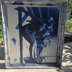 Ready to dive, pool ladies photo-shoot, blue-toned print on aluminium, Michael Joseph