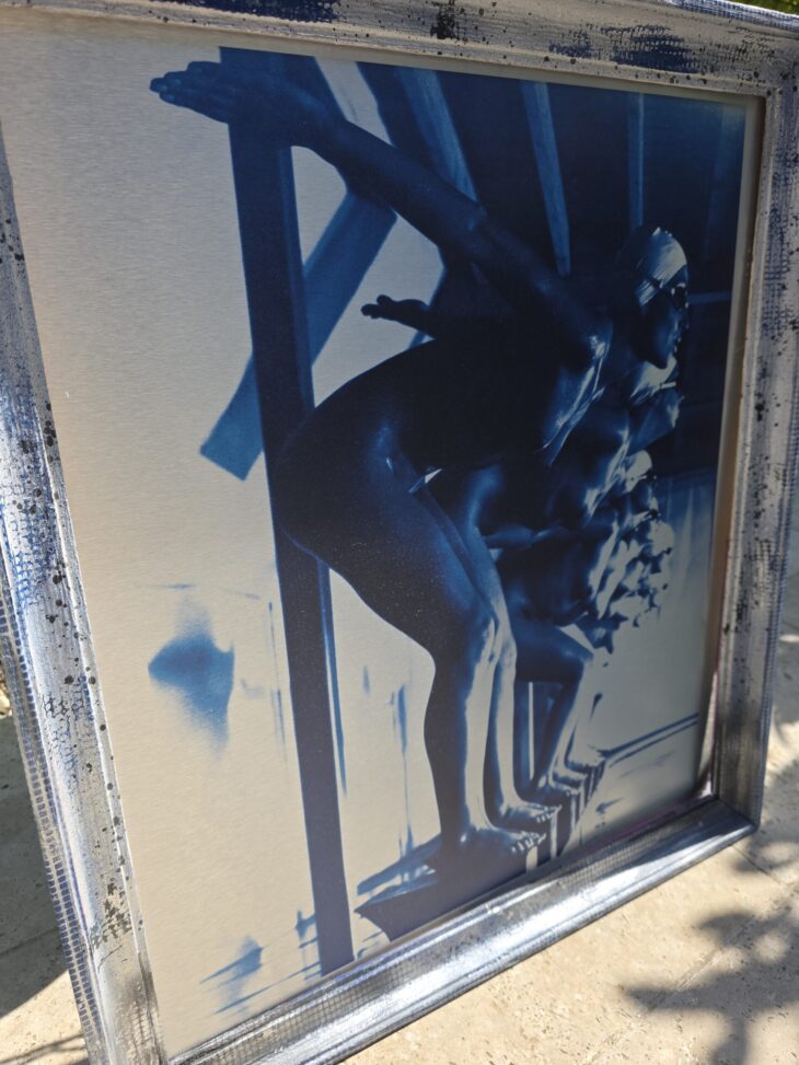 Ready to dive, pool ladies photo-shoot, blue-toned print on aluminium, Michael Joseph