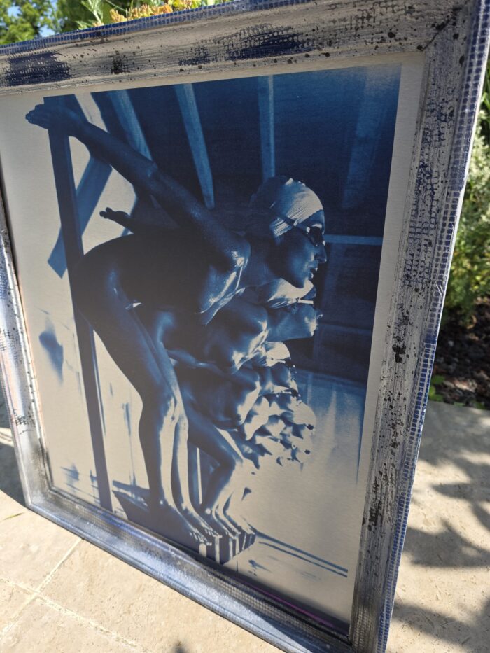 Ready to dive, pool ladies photo-shoot, blue-toned print on aluminium, Michael Joseph