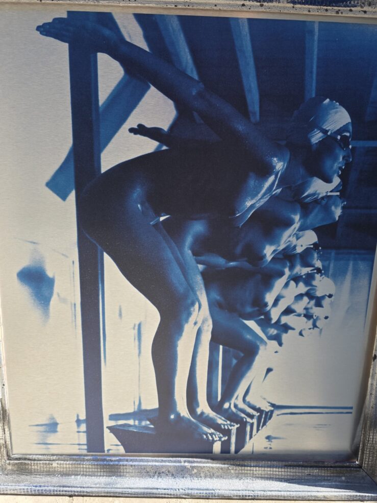Ready to dive, pool ladies photo-shoot, blue-toned print on aluminium, Michael Joseph