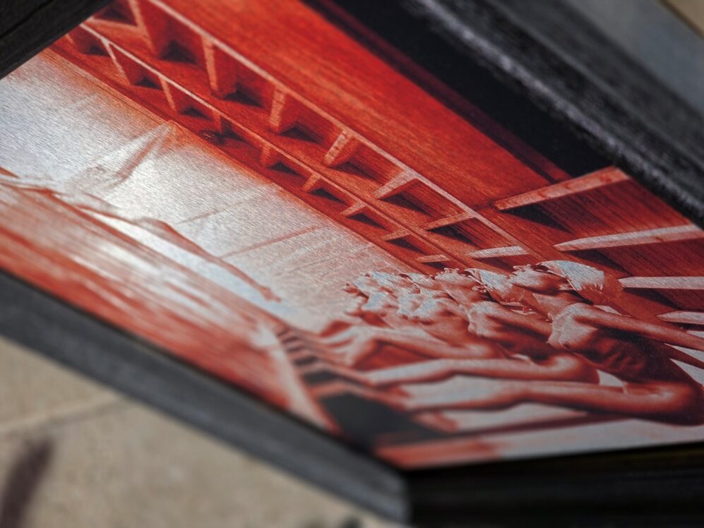 False start, pool ladies photo-shoot, red print on aluminium, Michael Joseph