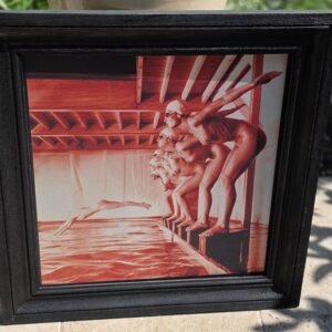 False start, pool ladies photo-shoot, red print on aluminium, Michael Joseph