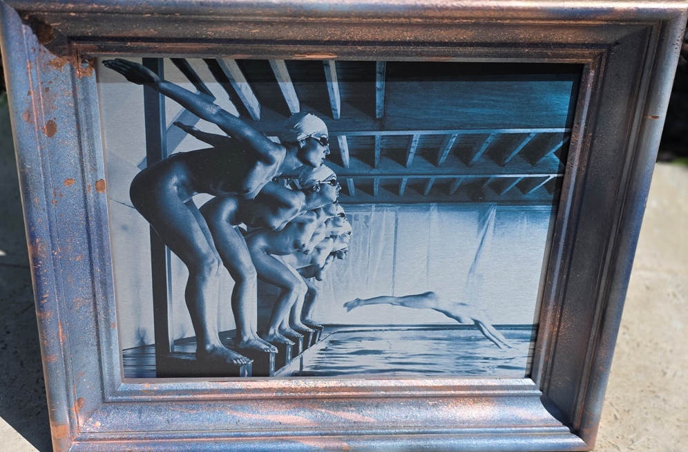 False start, pool ladies photo-shoot, blue-toned print on aluminium, Michael Joseph