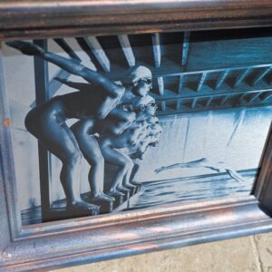 False start, pool ladies photo-shoot, blue-toned print on aluminium, Michael Joseph