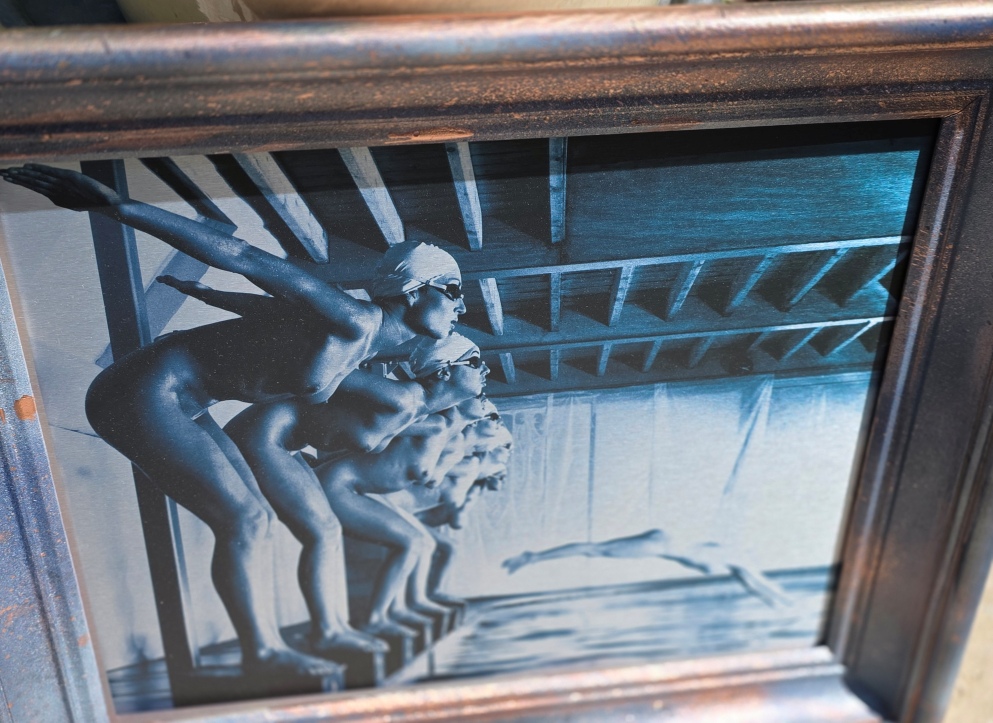 False start, pool ladies photo-shoot, blue-toned print on aluminium, Michael Joseph