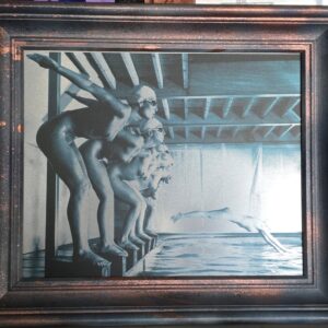 False start, pool ladies photo-shoot, blue-toned print on aluminium, Michael Joseph