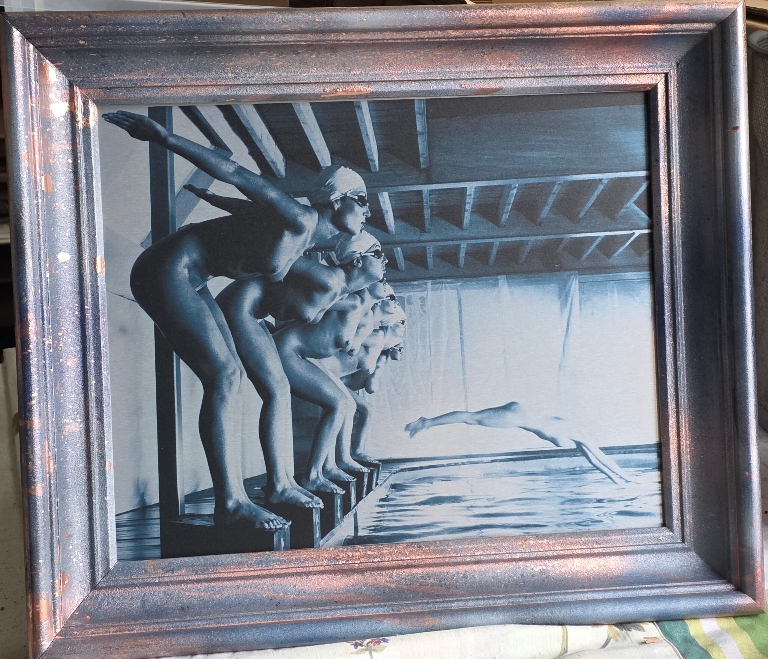 False start, pool ladies photo-shoot, blue-toned print on aluminium, Michael Joseph