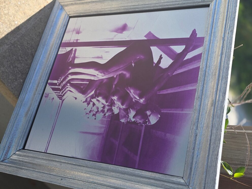 Ready to dive, pool ladies photo-shoot, purple print on aluminium, Michael Joseph
