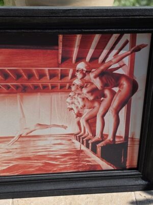 False start, pool ladies photo-shoot, red print on aluminium, Michael Joseph