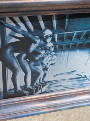False start, pool ladies photo-shoot, blue-toned print on aluminium, Michael Joseph