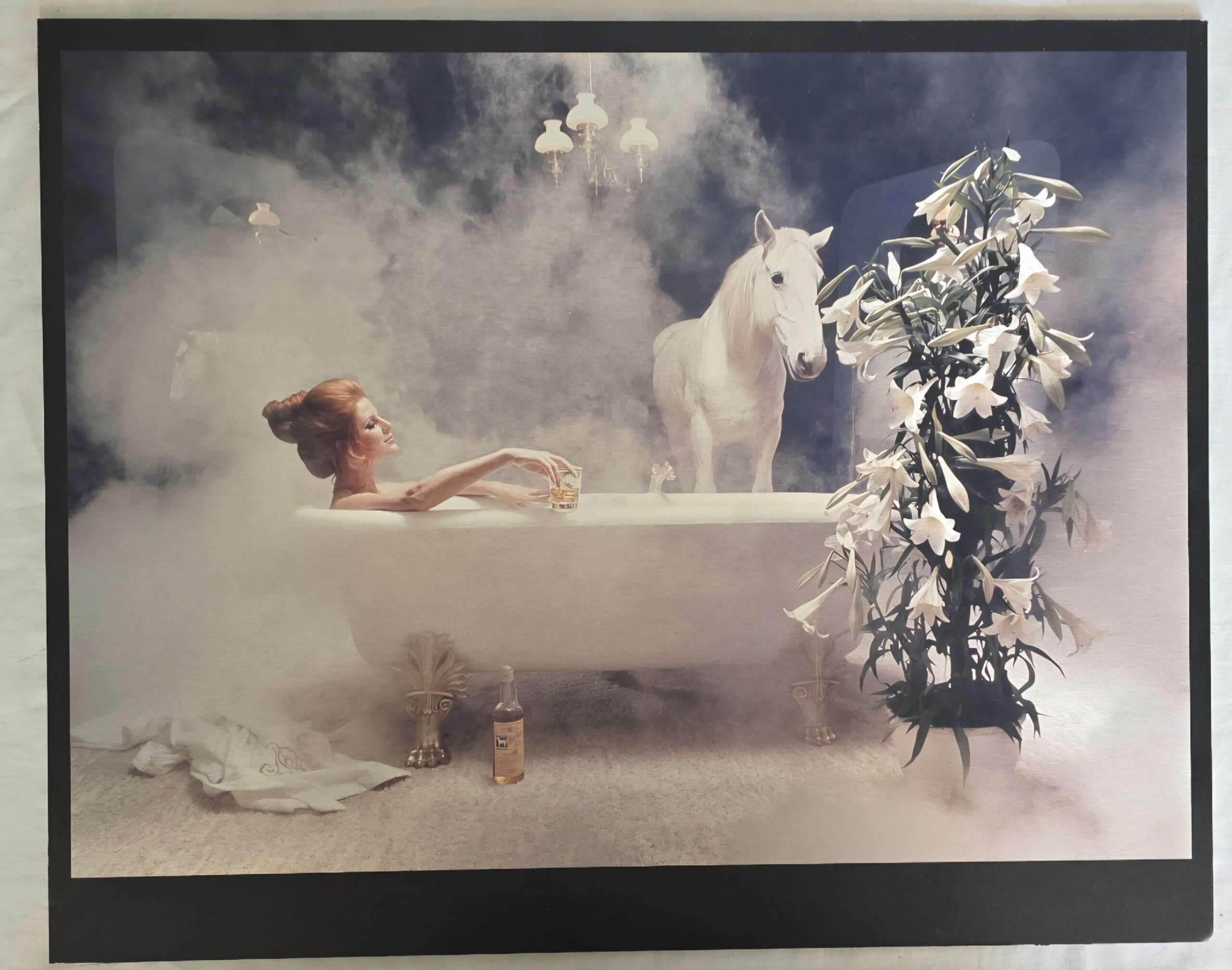 Girl in bath with White Horse behind, print on aluminium, Michael Joseph
