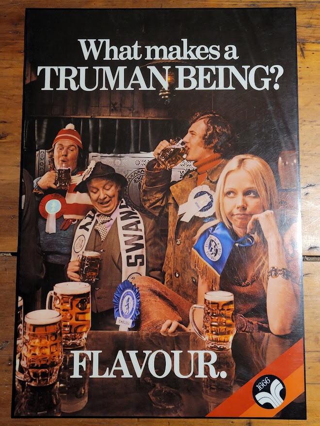 Truman beer flavour pub after the match, carefree sixties laminated advert (by Michael Joseph)
