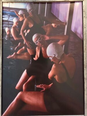 Goggles & cozzies - pool ladies photo-shoot - enhanced colour test print in upcycled frame