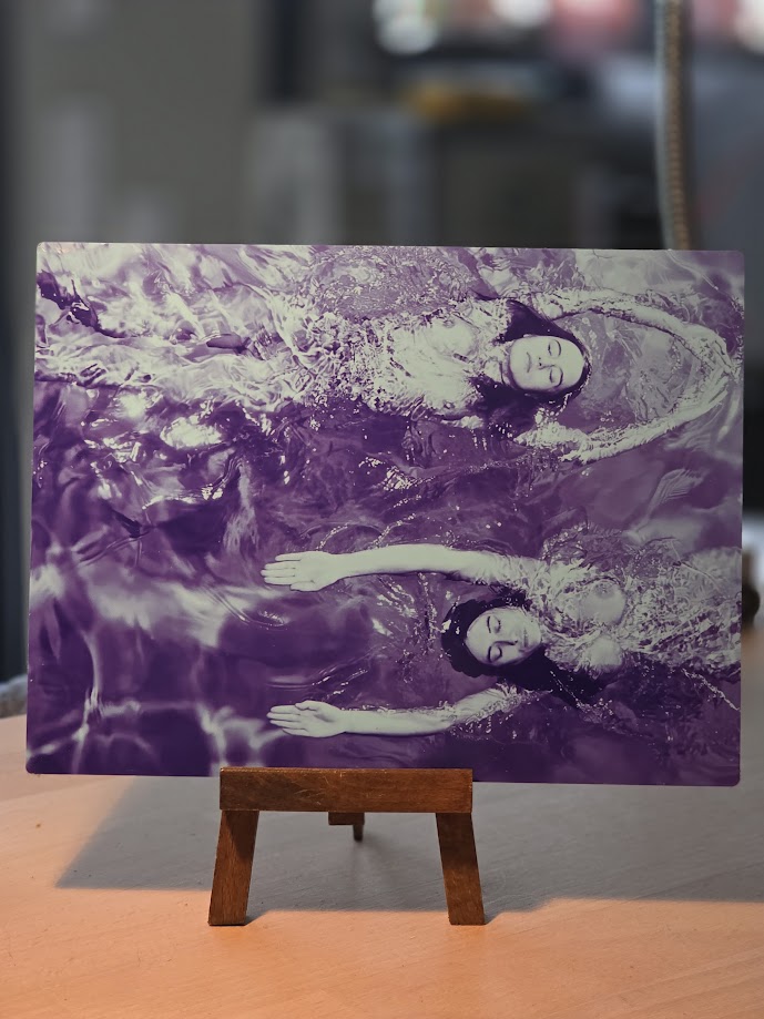 Swimming opposite, gloss finish, violet-toned print on aluminium, pool ladies photo by Michael Joseph