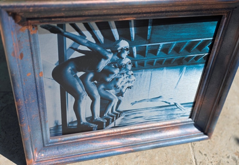 False Start, pool ladies photo-shoot, blue-toned print on aluminium by Michael Joseph - Image 2