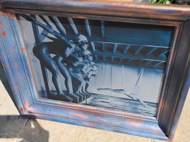 False Start, pool ladies photo-shoot, blue-toned print on aluminium by Michael Joseph - Image 3