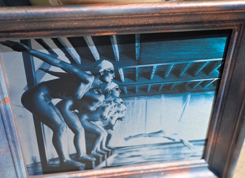 False Start, pool ladies photo-shoot, blue-toned print on aluminium by Michael Joseph - Image 4