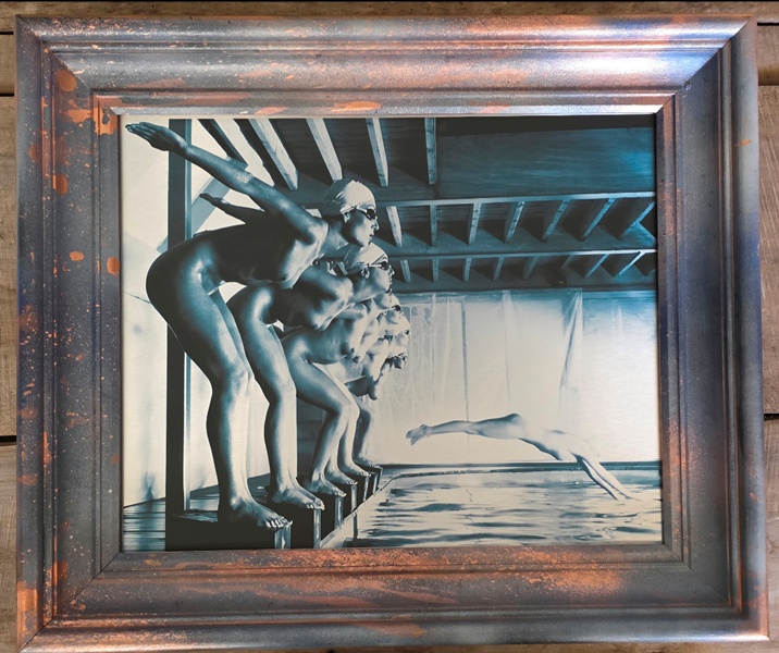 False Start, pool ladies photo-shoot, blue-toned print on aluminium by Michael Joseph - Image 5